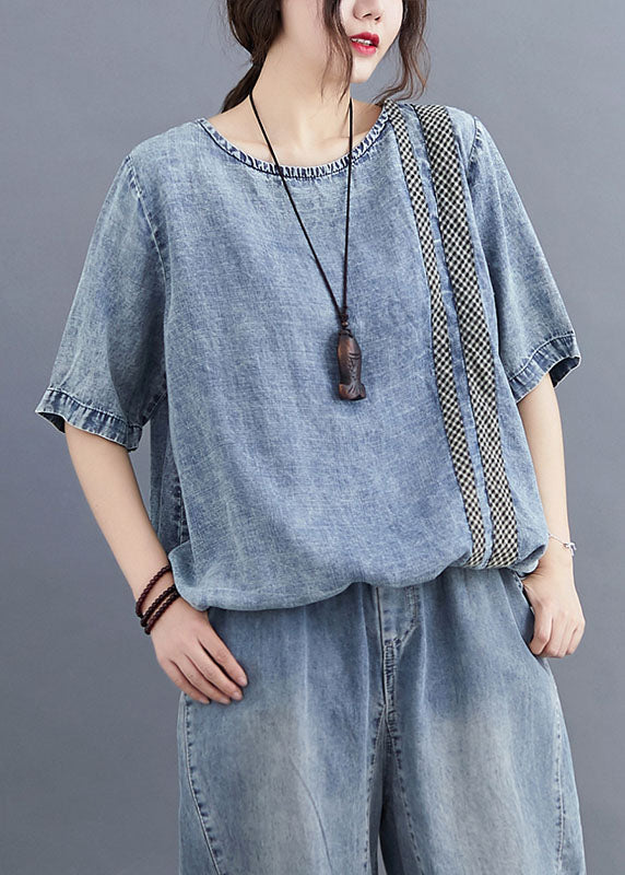 O Neck Casual Blue Plaid Patchwork Denim T-Shirt Top Summer