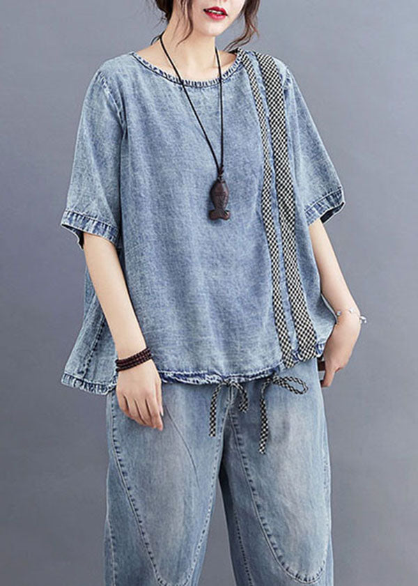 O Neck Casual Blue Plaid Patchwork Denim T-Shirt Top Summer