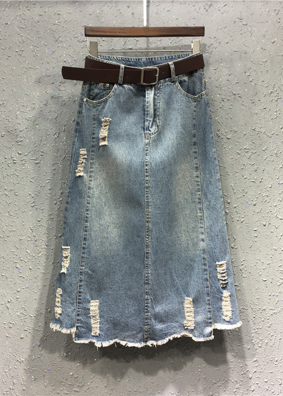 Casual Blue Elastic Waist Sashes Patchwork Denim A-Line Skirt