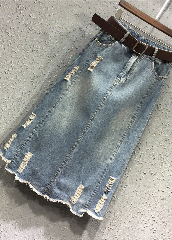 Casual Blue Elastic Waist Sashes Patchwork Denim A-Line Skirt