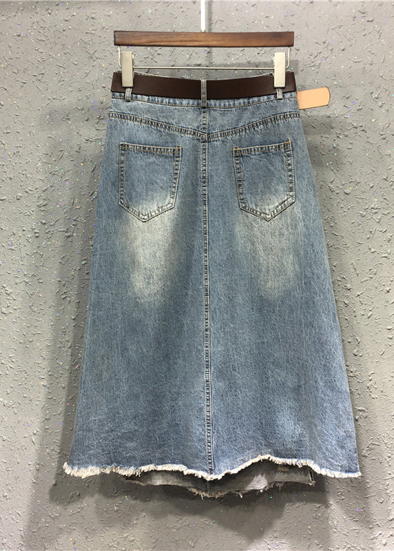 Casual Blue Elastic Waist Sashes Patchwork Denim A-Line Skirt