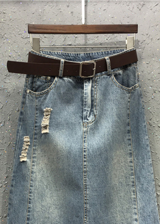 Casual Blue Elastic Waist Sashes Patchwork Denim A-Line Skirt