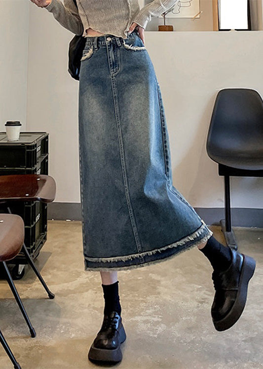 Casual Blue Patchwork High Waist Button Denim A Line Skirts