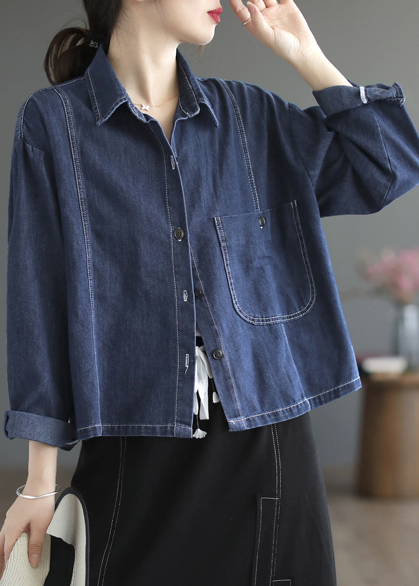 Casual Blue Patchwork Peter Pan Collar Button Denim Coats Spring