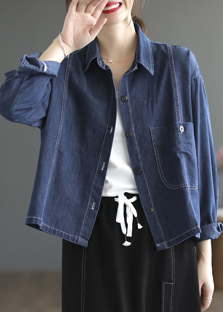 Casual Blue Patchwork Peter Pan Collar Button Denim Coats Spring