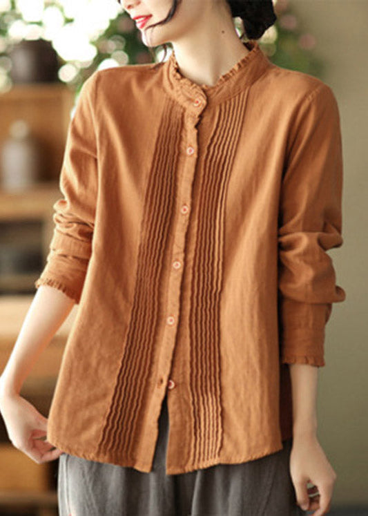 Casual Caramel Stand Collar Button Cotton Shirt Long Sleeve