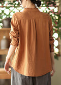 Casual Caramel Stand Collar Button Cotton Shirt Long Sleeve