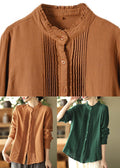 Casual Caramel Stand Collar Button Cotton Shirt Long Sleeve