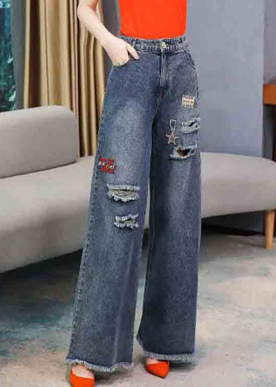 Relaxed Navy Embroidered Elastic Waist Long Denim Wide-Leg Pants