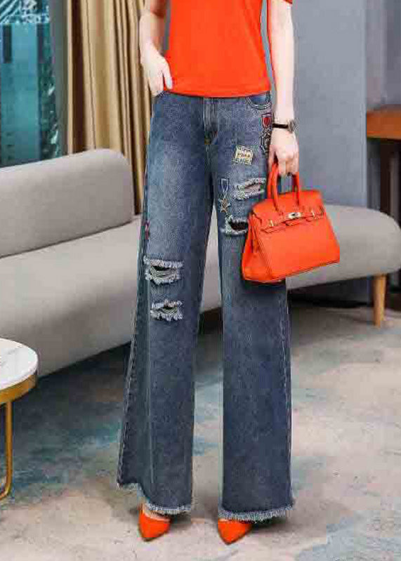 Relaxed Navy Embroidered Elastic Waist Long Denim Wide-Leg Pants