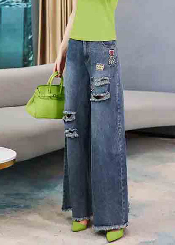 Relaxed Navy Embroidered Elastic Waist Long Denim Wide-Leg Pants