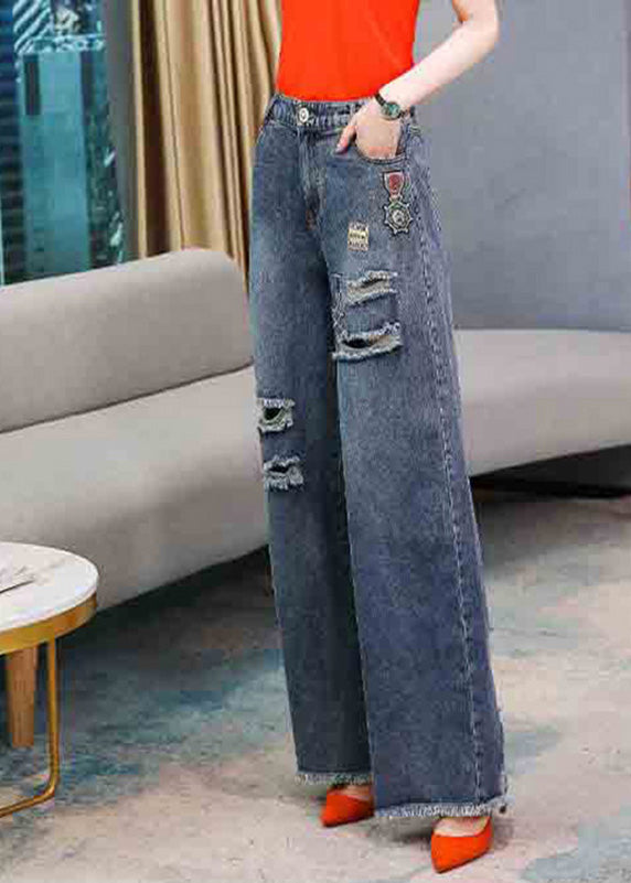 Relaxed Navy Embroidered Elastic Waist Long Denim Wide-Leg Pants