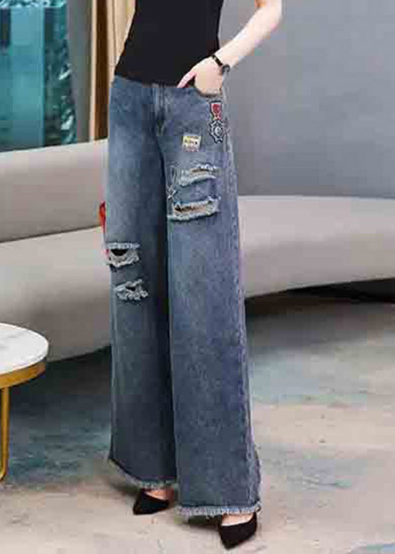 Relaxed Navy Embroidered Elastic Waist Long Denim Wide-Leg Pants