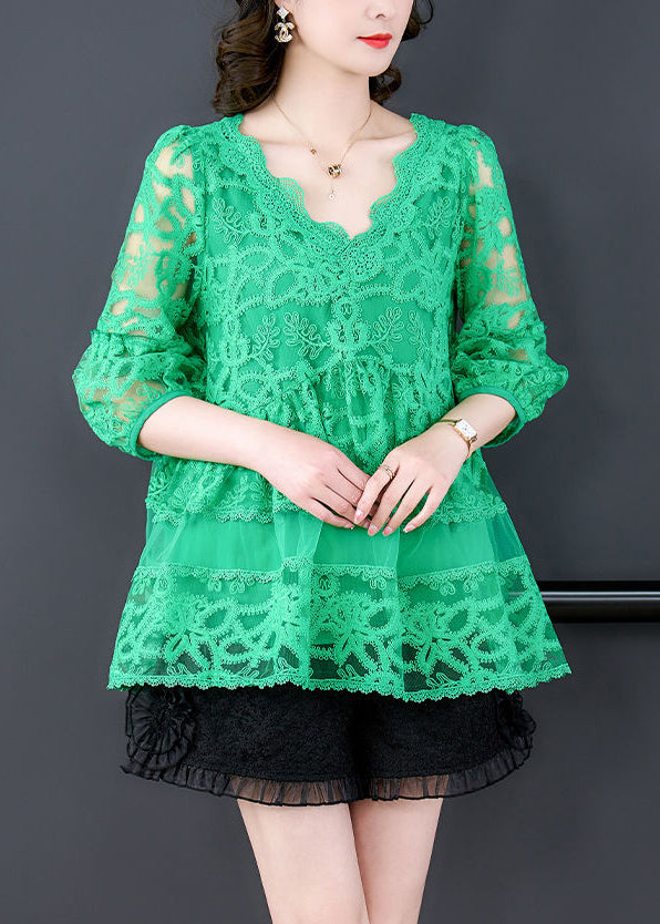 V Neck Casual Green Tulle Embroidered Shirt Bracelet Sleeves