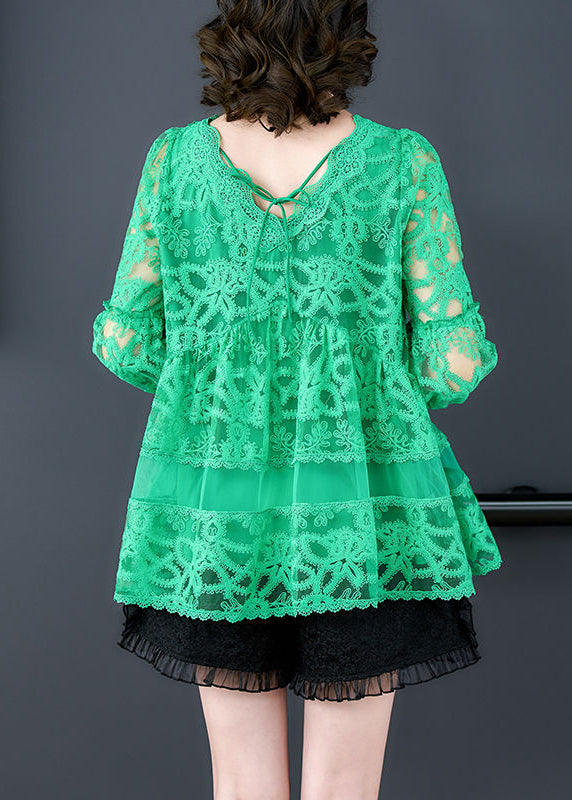 V Neck Casual Green Tulle Embroidered Shirt Bracelet Sleeves