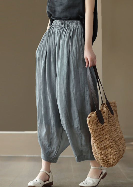 Casual Grey Elastic Waist Pockets Patchwork Linen Lantern Pants Summer