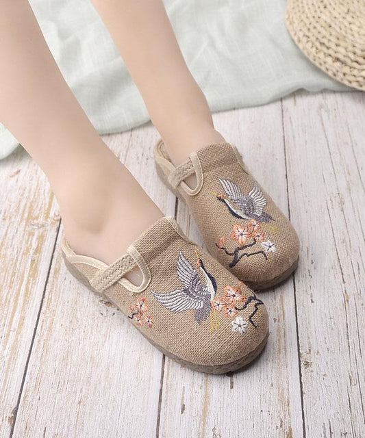 Casual Khaki Embroideried Linen Fabric Slippers Shoes