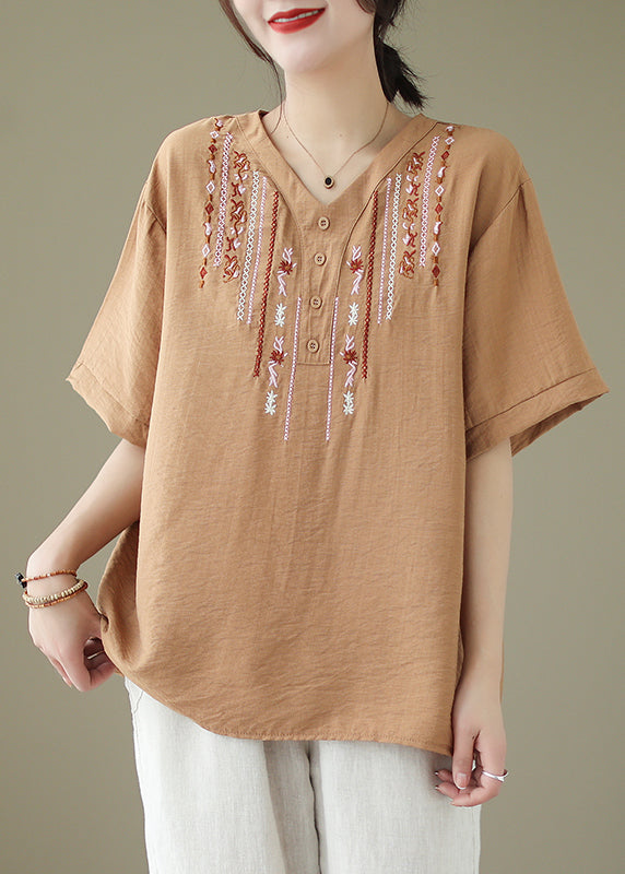 V Neck Khaki Embroideried Cotton Blouse Tops Summer