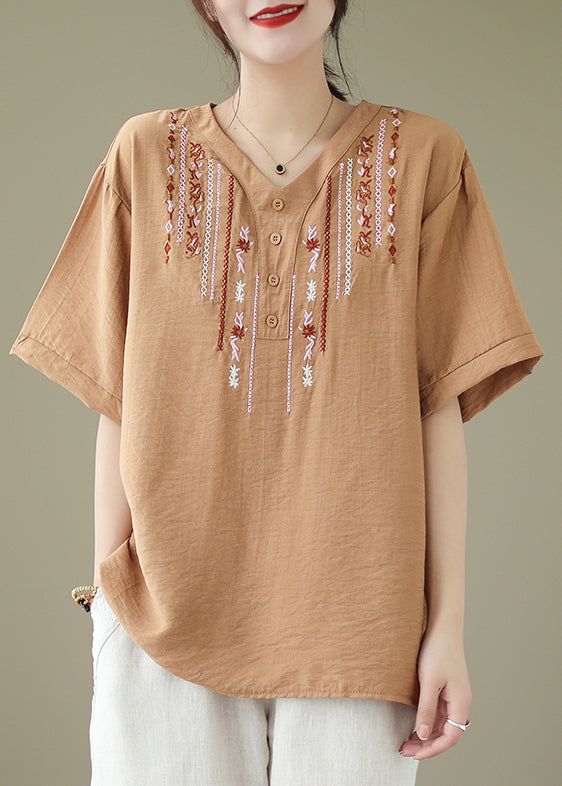 V Neck Khaki Embroideried Cotton Blouse Tops Summer