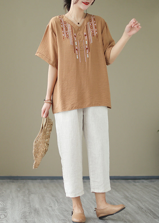 V Neck Khaki Embroideried Cotton Blouse Tops Summer