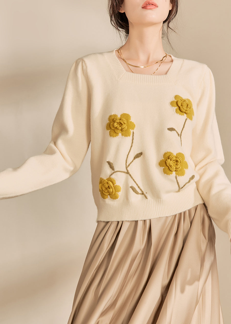 Casual Light Yellow Square Collar Floral Cotton Knit Sweaters Winter