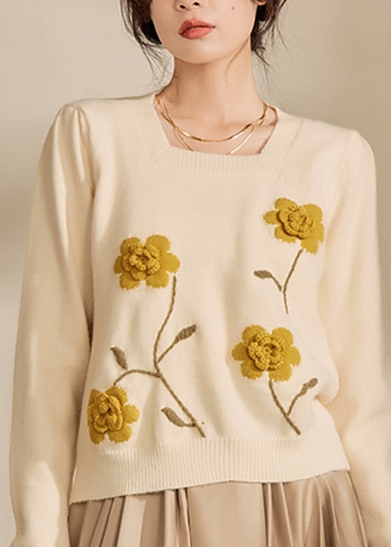 Casual Light Yellow Square Collar Floral Cotton Knit Sweaters Winter