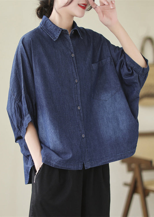 Casual Navy Wash Oversized Denim Shirt With Dolman Sleeves