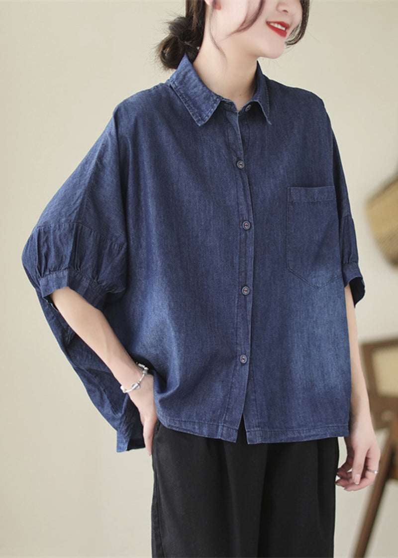 Casual Navy Wash Oversized Denim Shirt With Dolman Sleeves