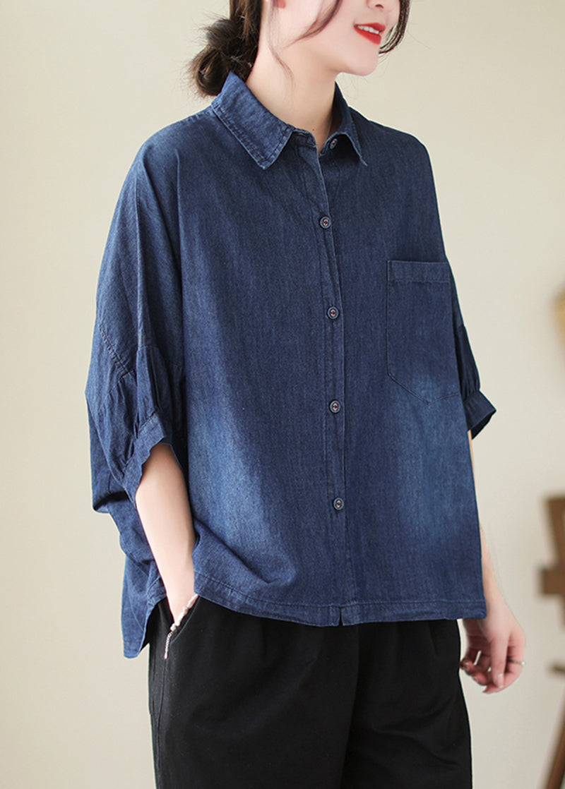 Casual Navy Wash Oversized Denim Shirt With Dolman Sleeves