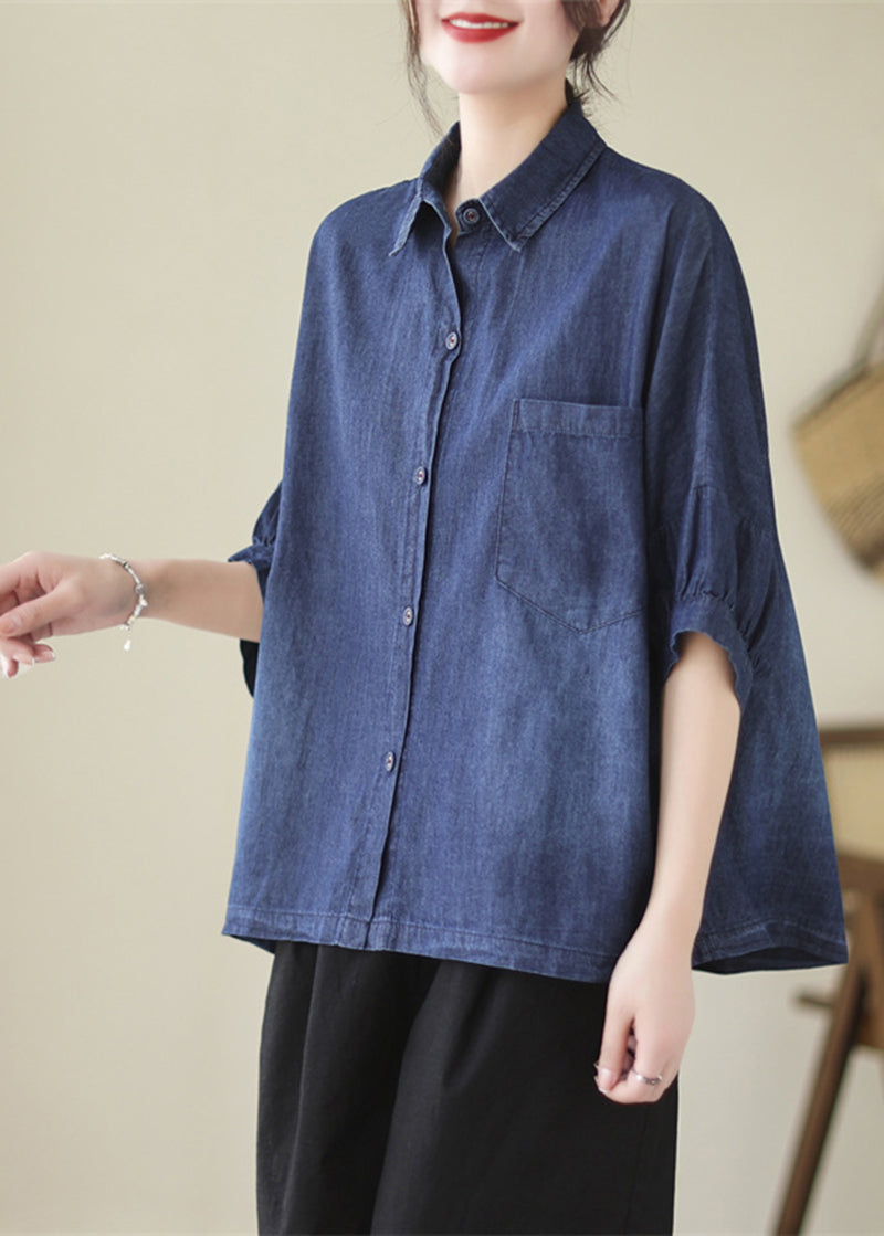 Casual Navy Wash Oversized Denim Shirt With Dolman Sleeves