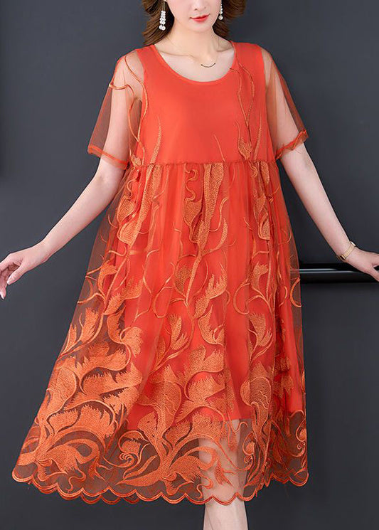 Casual orange patchwork embroidered tulle dress for summer