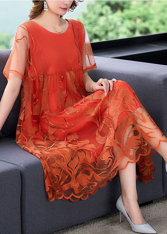 Casual orange patchwork embroidered tulle dress for summer