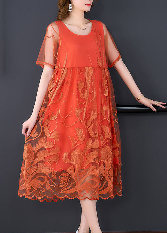 Casual orange patchwork embroidered tulle dress for summer