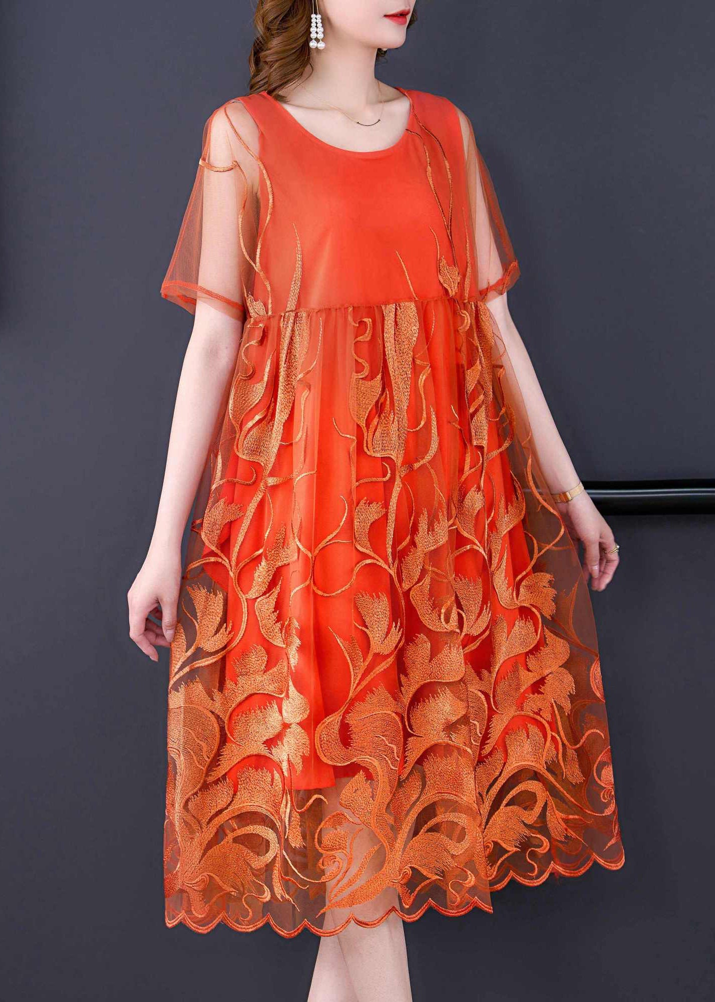 Casual orange patchwork embroidered tulle dress for summer