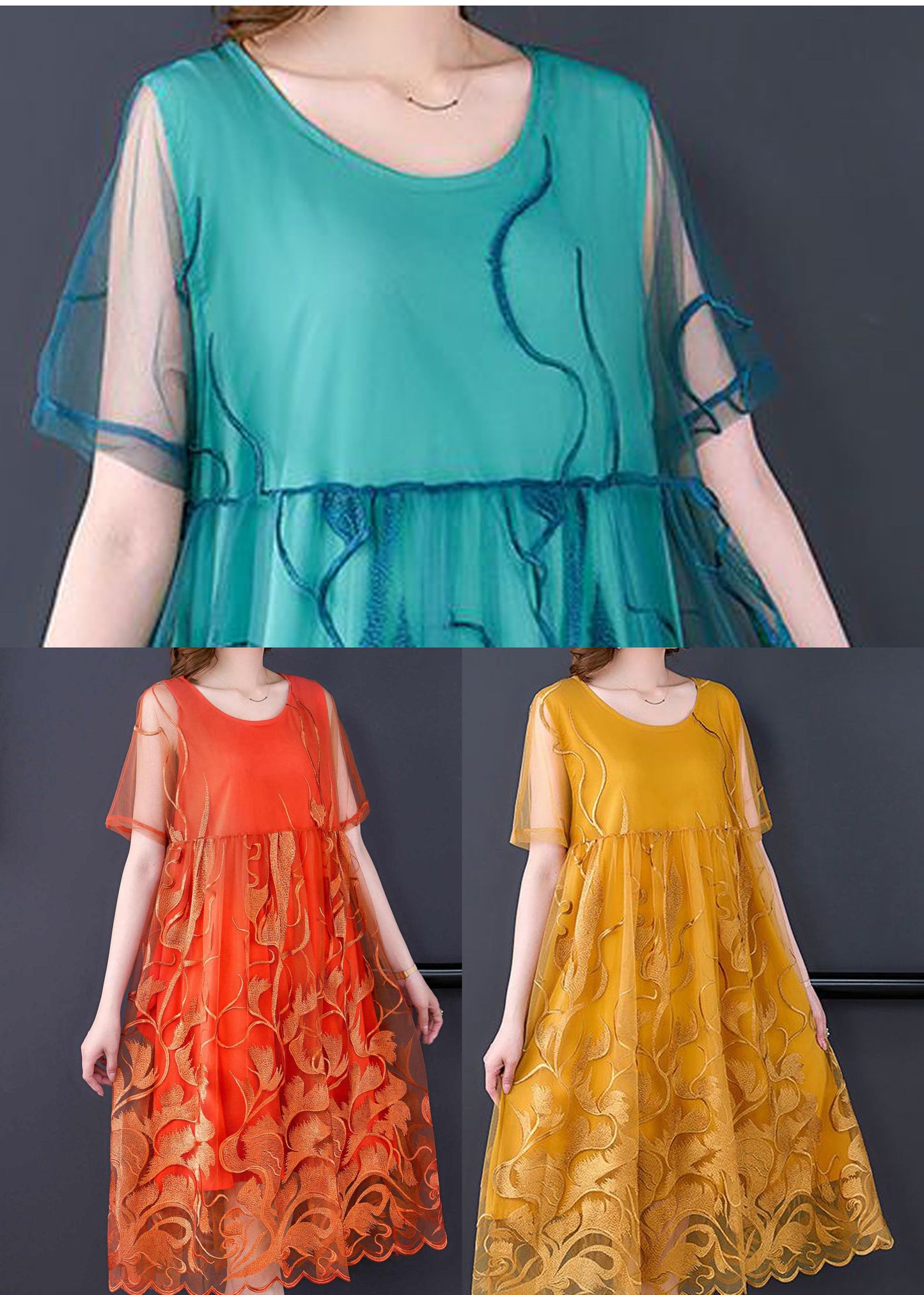 Casual orange patchwork embroidered tulle dress for summer