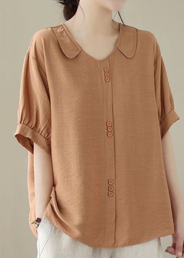 Casual Orange Patchwork Peter Pan Collar Cotton Shirt Top Summer