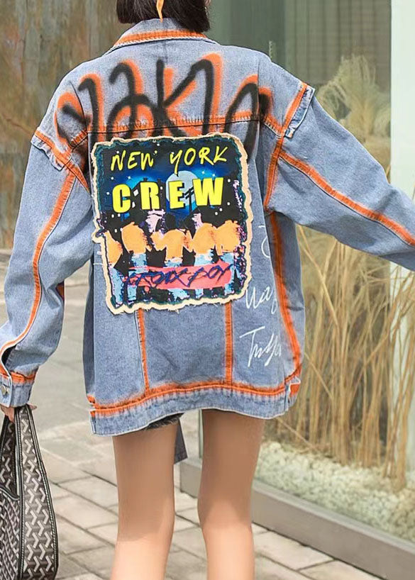 Casual Orange Pocket Pattern Stitching Peter Pan Collar Denim Coat Spring