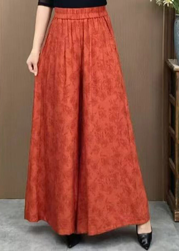 Casual Orange Pockets Jacquard Cotton Wide Leg Pants Summer