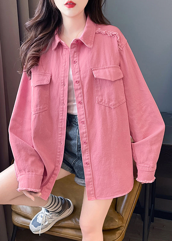 Casual Pink Peter Pan Collar Pockets Denim Shirts Coat Fall