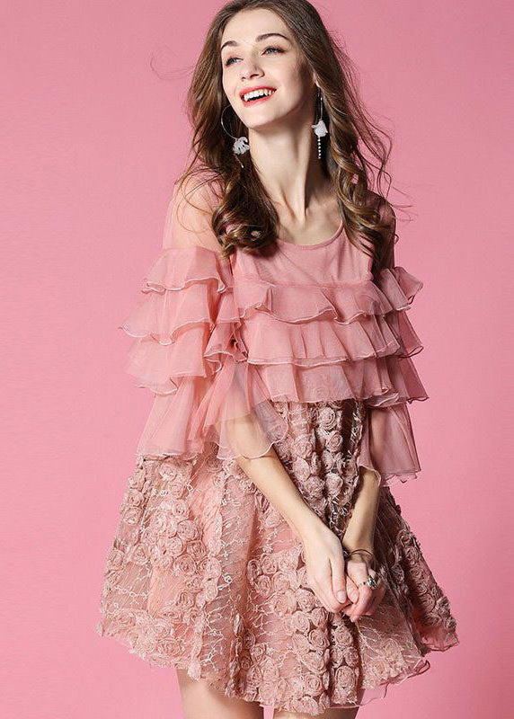 Casual Pink Ruffles Patchwork Applique Tulle Dress Half Sleeve