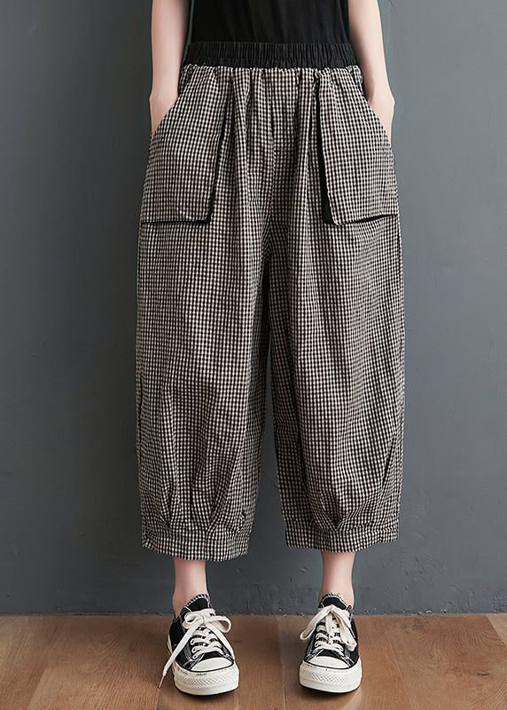 Casual Small Plaid Pockets Elastic Waist Cotton Crop Pants Summer