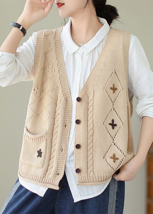 Casual Versatile Beige V Neck Embroideried Knit Vest Fall