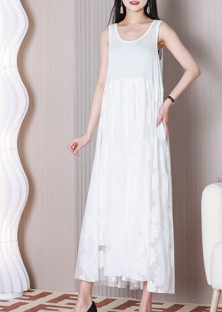 O-Neck Casual White Patchwork Lace Ankle Sleeveless Dress