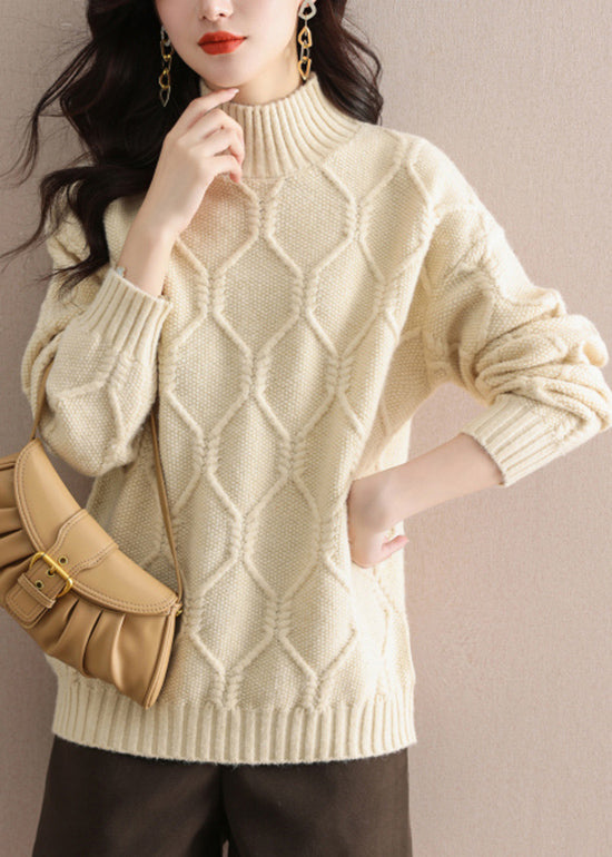 Casual Beige Half Hign Neck Thick Knit Sweater Tops Fall