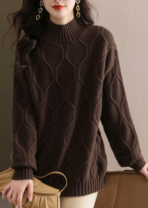 Casual Beige Half Hign Neck Thick Knit Sweater Tops Fall