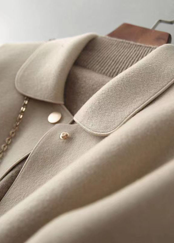 Casual Beige Peter Pan Collar Pockets Woolen Coat Fall