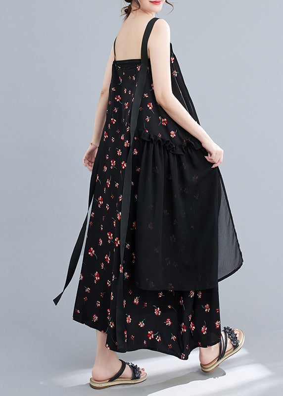 Casual Black Printed Chiffon Ruffle Patchwork Strap Dress Summer