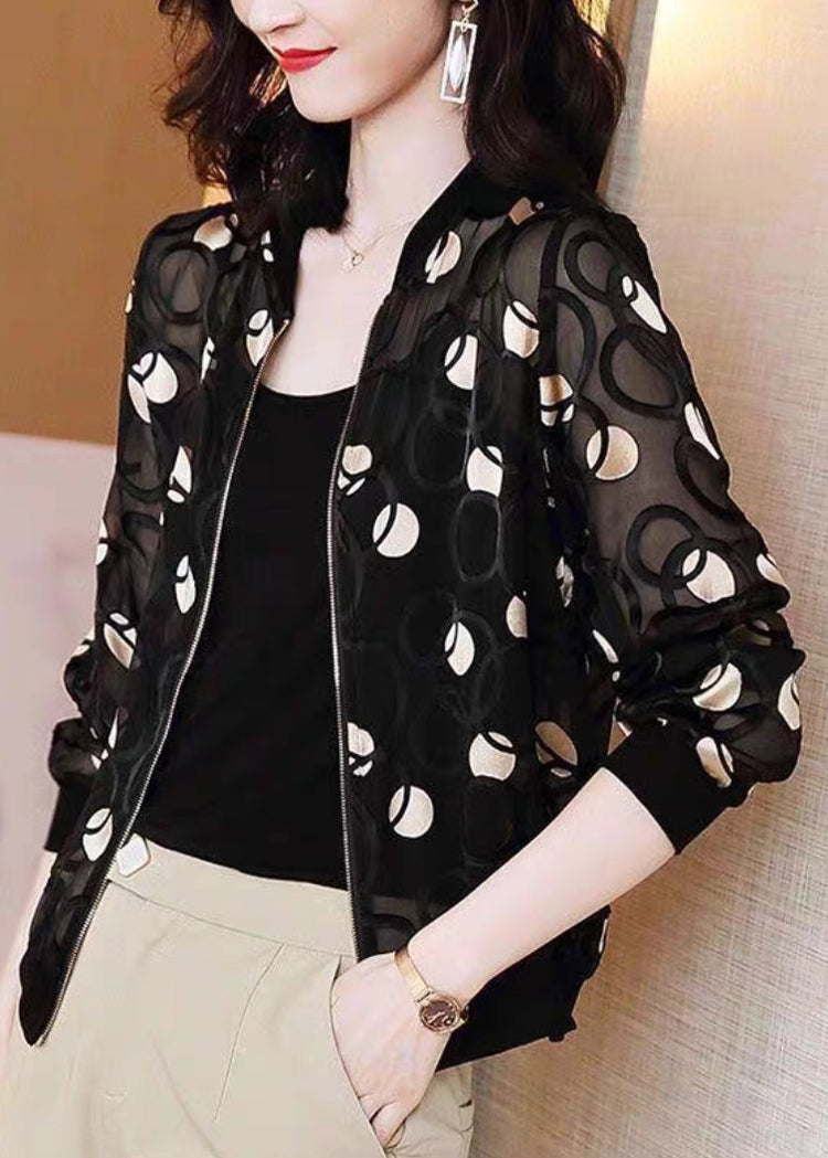 V Neck Black Casual Print Zippered Silk UPF 50+ Coat Long Sleeve