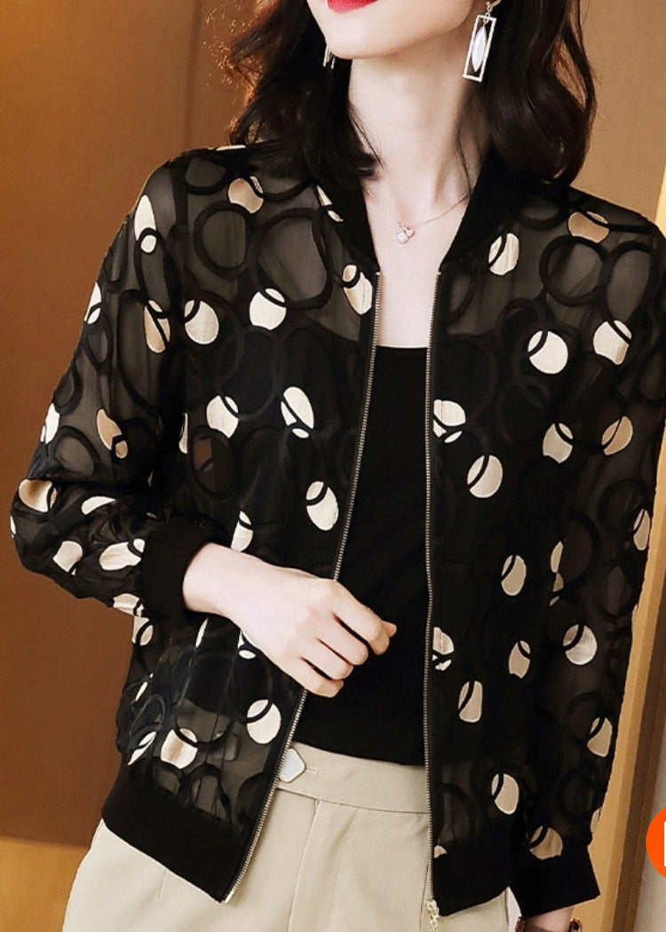 V Neck Black Casual Print Zippered Silk UPF 50+ Coat Long Sleeve