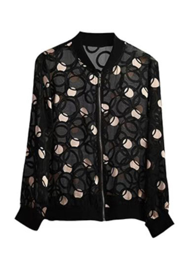 V Neck Black Casual Print Zippered Silk UPF 50+ Coat Long Sleeve